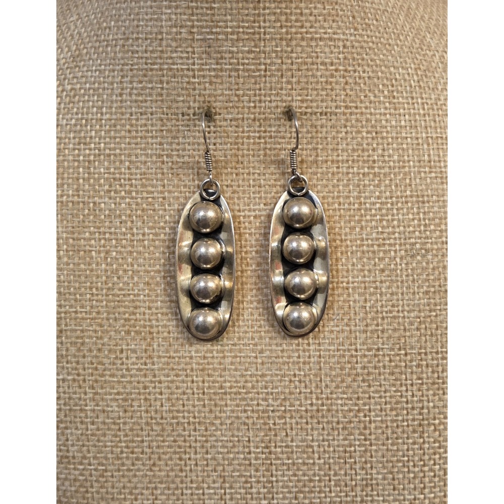 Long Modernist Sterling Silver Ball & Leaf Dangle Earrings